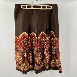 Ann Taylor Chocolate Brown Indian Inspired Print Cotton A Line Zip Side Skirt